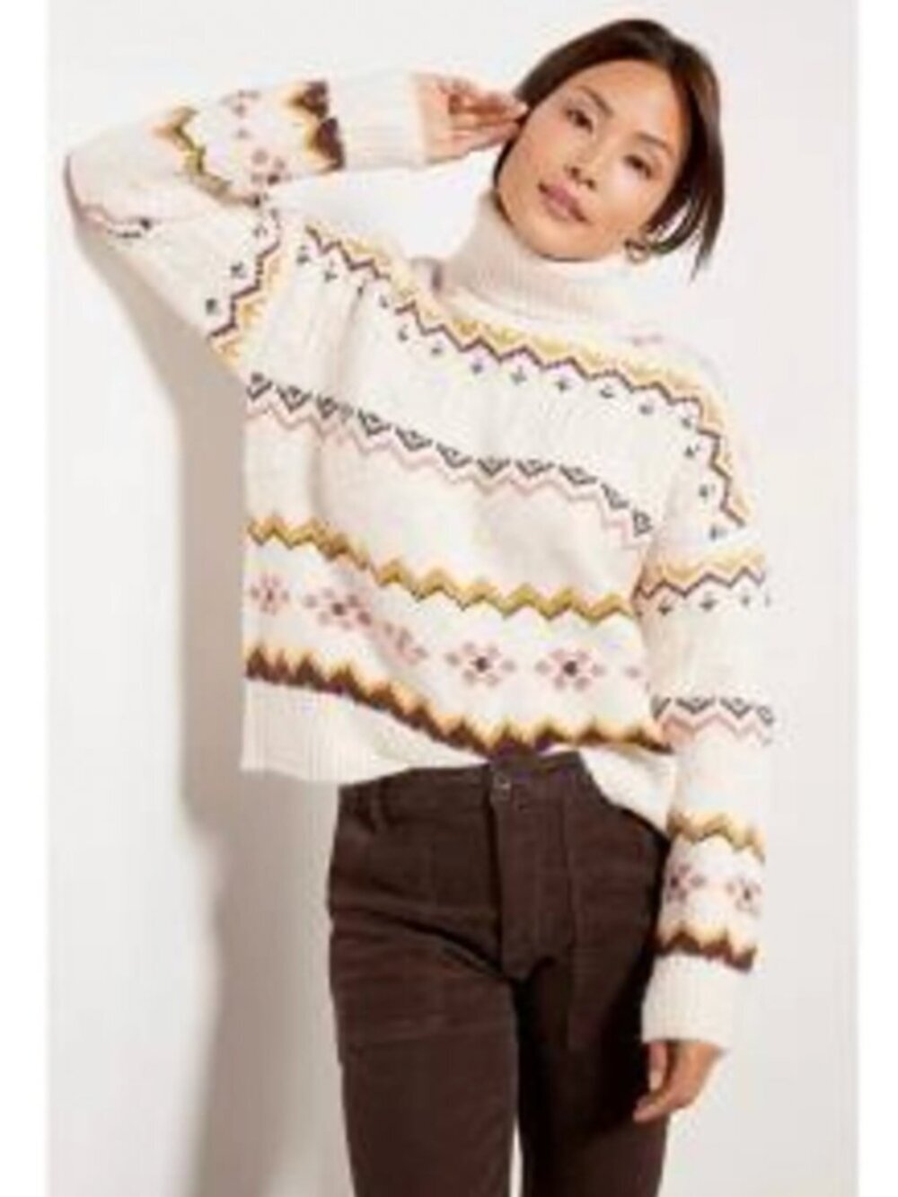 Evereve Lyra Fair Isle Cream Multicolor Turtleneck Sweater Size Medium